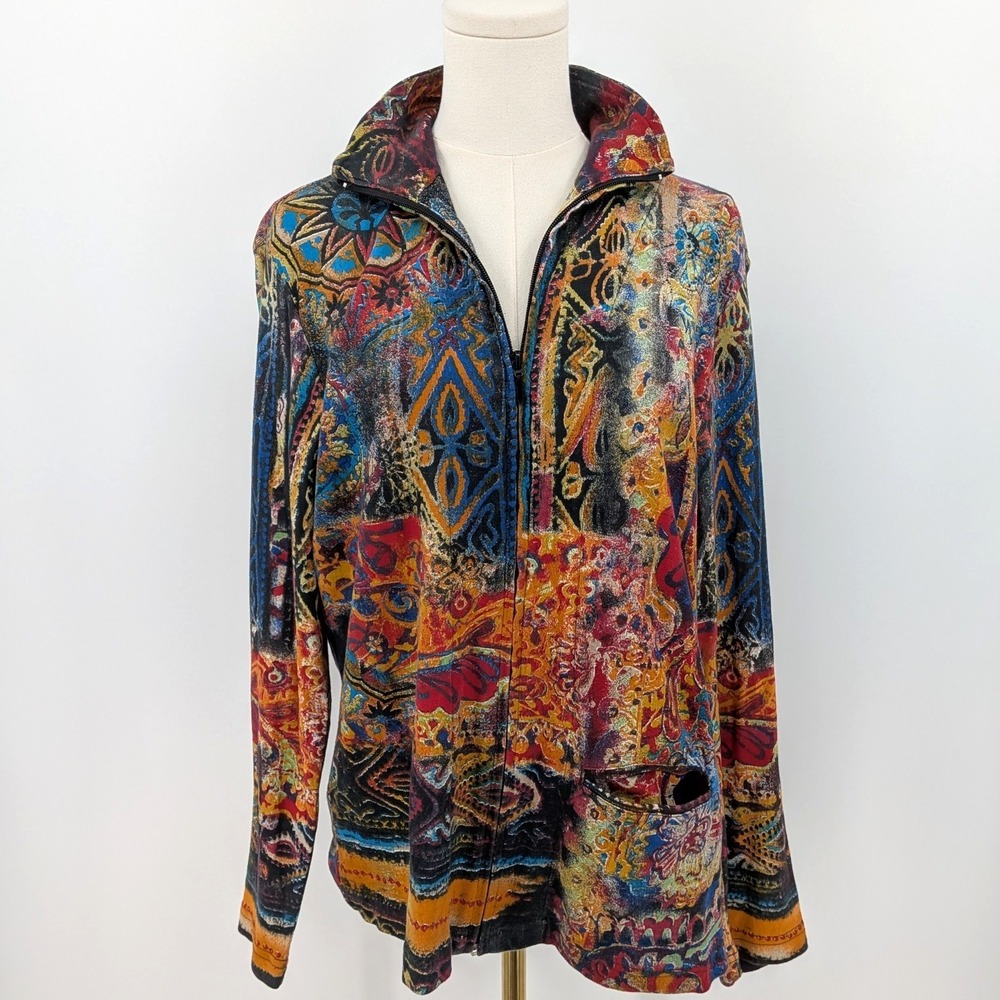 Chico's 1 Cotton Full Zip‎ Multicolor Boho Artsy Print Top Jacket Size 1 (S/M)